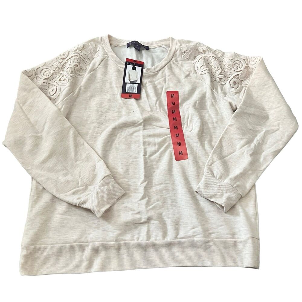 Gloria Vanderbilt Oatmeal Cream Fleece Crew neck Sweater with Floral Lace Trim